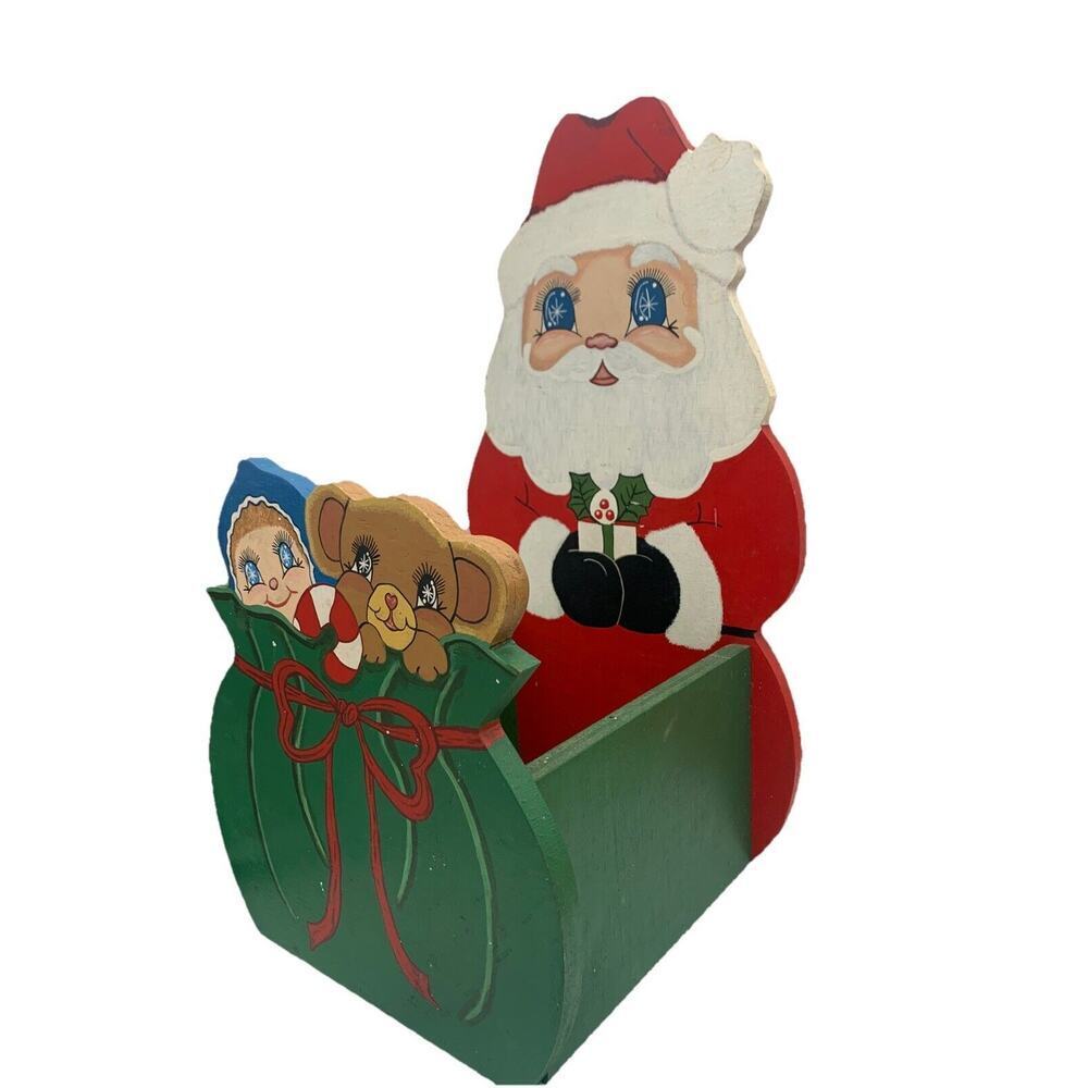 Vintage Santa Toys Christmas Basket Holder Caddy Hand Painted Wood‎ 15x9x10
